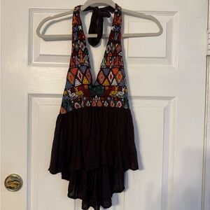 Free People Black Halter Top with Multicolor Embroidered Bodice